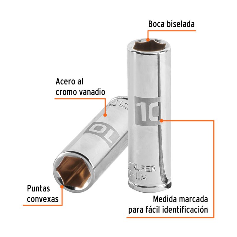 D-1410-LMFC1.jpg Código: 13204 Dado largo de 10 mm, 6 puntas, cuadro 1/4', Truper D-1410-LM