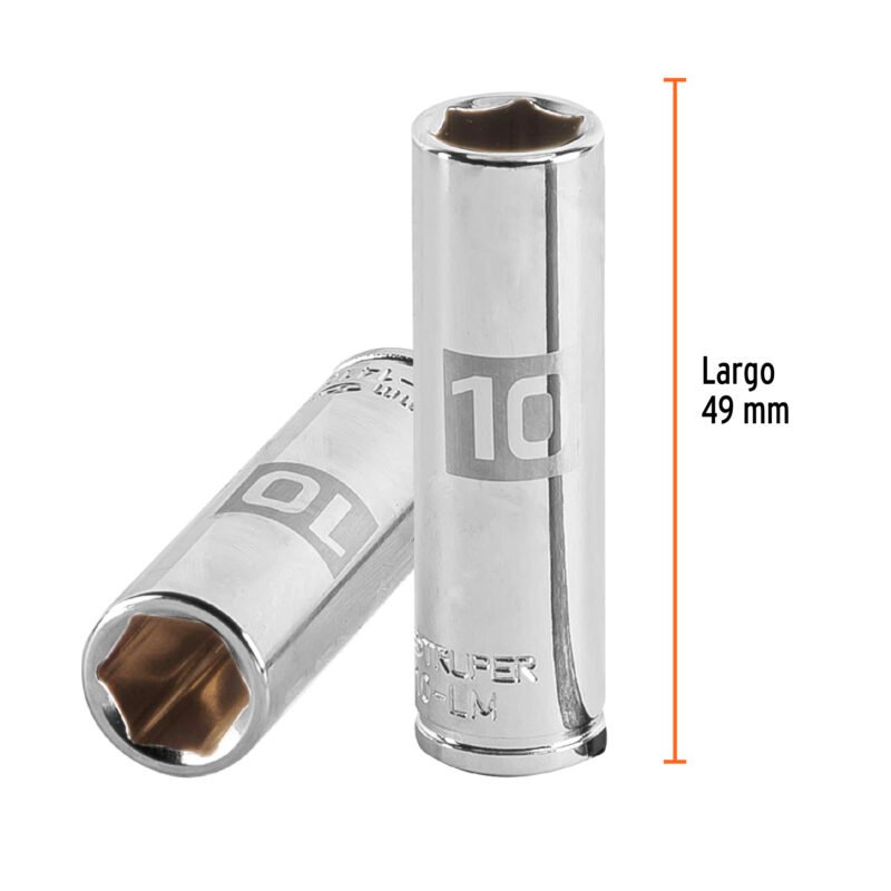 D-1410-LMFC2.jpg Código: 13204 Dado largo de 10 mm, 6 puntas, cuadro 1/4', Truper D-1410-LM
