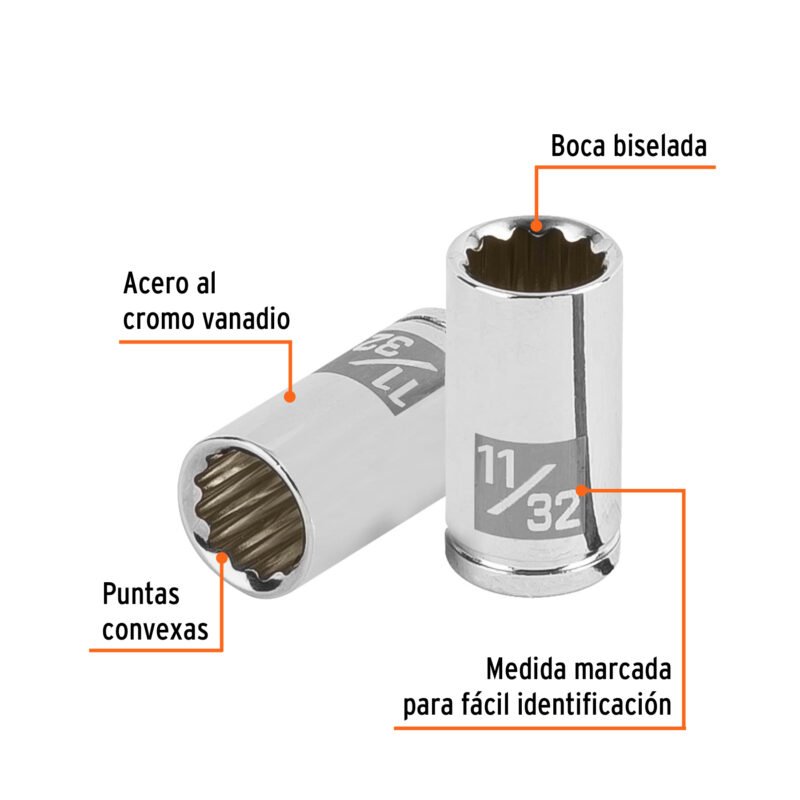 D-1411-BFC1.jpg Código: 100879 Dado de 11/32', 12 puntas, cuadro 1/4', Truper D-1411-B