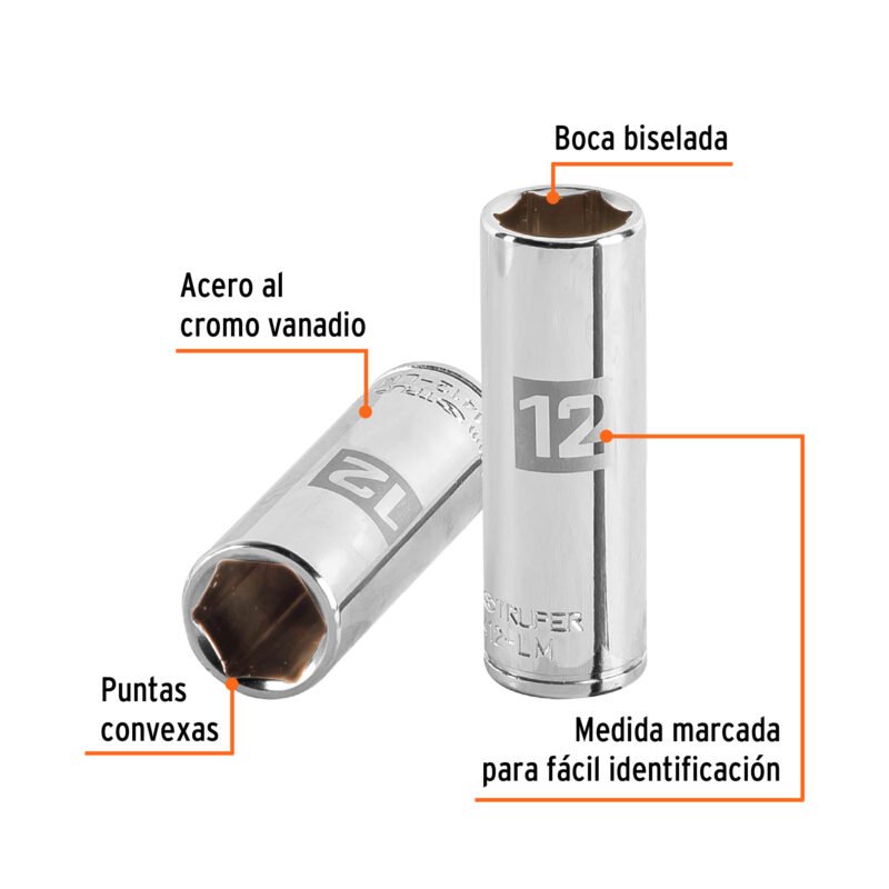 D-1412-LMFC1.jpg Código: 13206 Dado largo de 12 mm, 6 puntas, cuadro 1/4', Truper D-1412-LM
