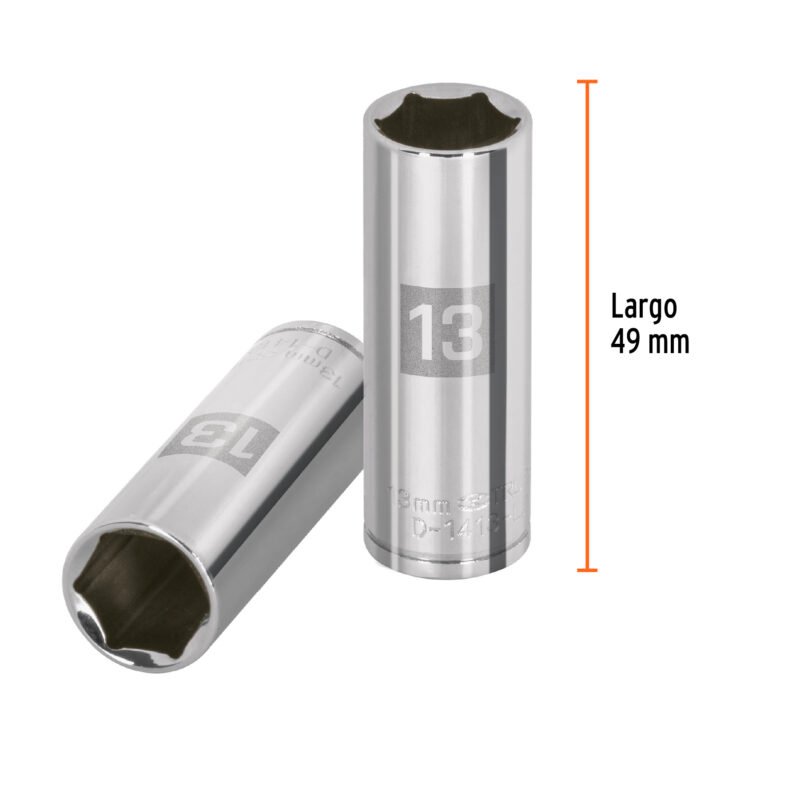 D-1413-LMFC2.jpg Código: 13207 Dado largo de 13 mm, 6 puntas, cuadro 1/4', Truper D-1413-LM