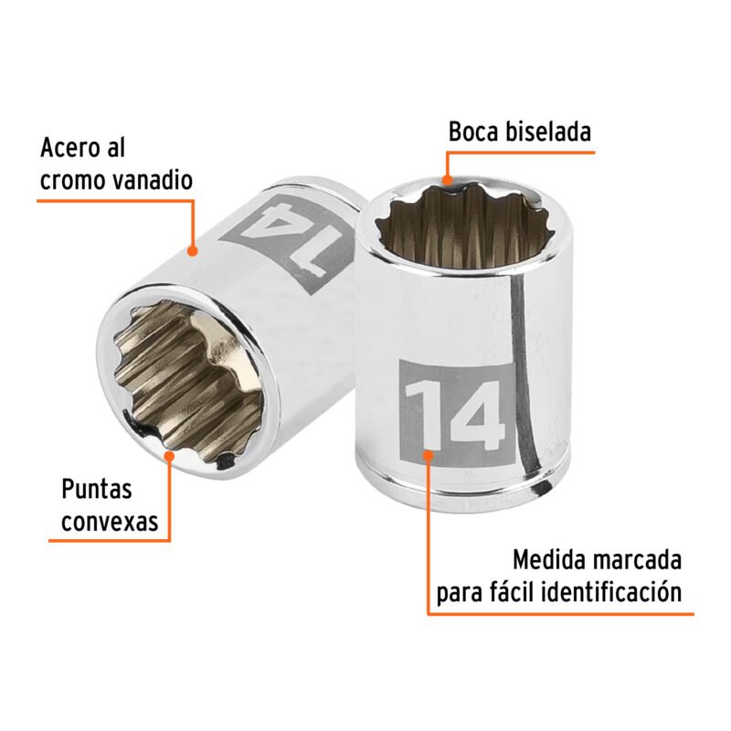 D-1414-BMFC1.jpg Código: 100953 Dado de 14 mm, 12 puntas, cuadro 1/4', Truper D-1414-BM