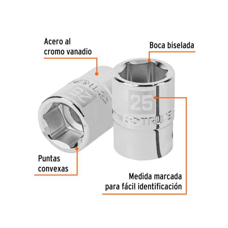 D-3425-MFC1.jpg Código: 14973 Dado de 25 mm, 6 puntas, cuadro 3/4', Truper D-3425-M