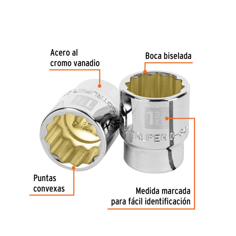 D-3444FC1.jpg Código: 13860 Dado de 1-3/8', 12 puntas, cuadro 3/4', Truper D-3444