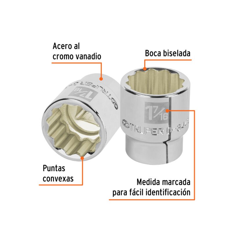 D-3446FC1.jpg Código: 13861 Dado de 1-7/16', 12 puntas, cuadro 3/4', Truper D-3446