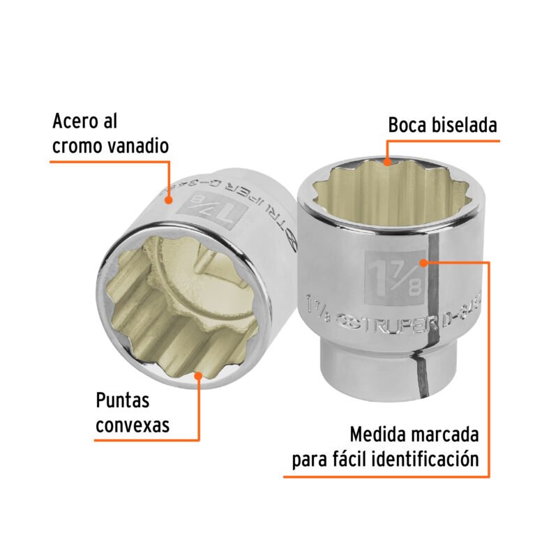D-3460FC1.jpg Código: 13868 Dado de 1-7/8', 12 puntas, cuadro 3/4', Truper D-3460