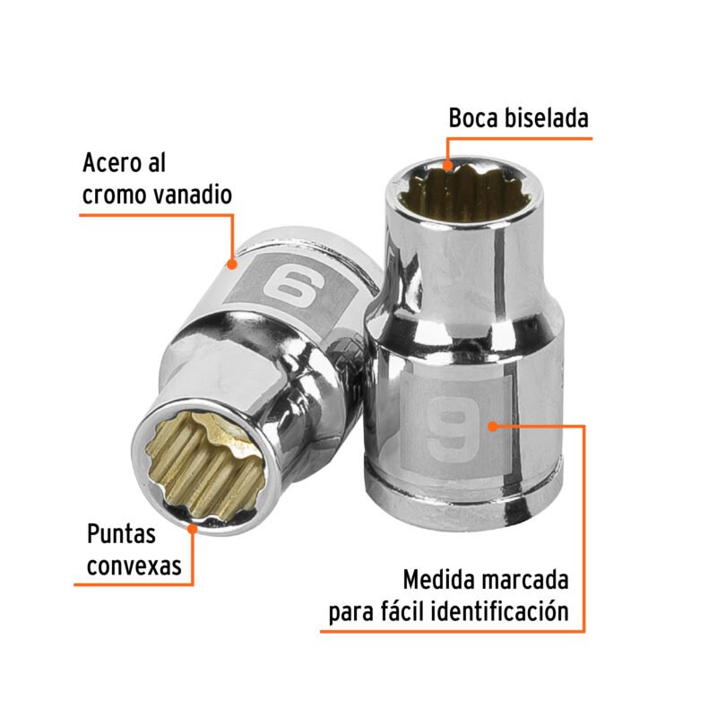 Código: 13629 Dado de 9 mm, 12 puntas, cuadro 3/8', Truper D-3809-M