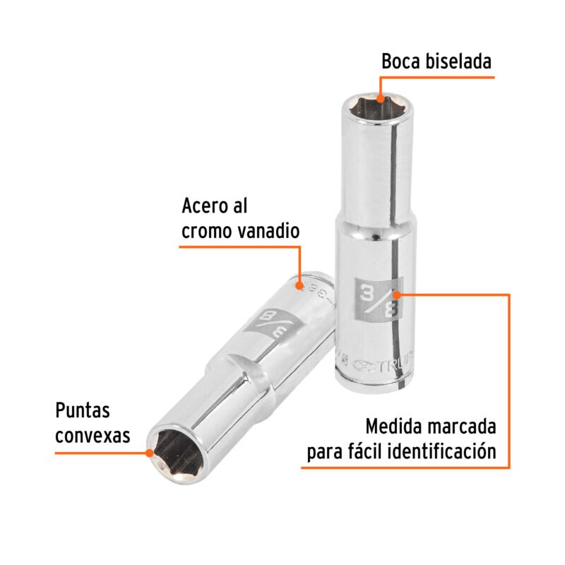 D-3812-HLFC1.jpg Código: 13712 Dado largo de 3/8', 6 puntas, cuadro 3/8', Truper D-3812-HL
