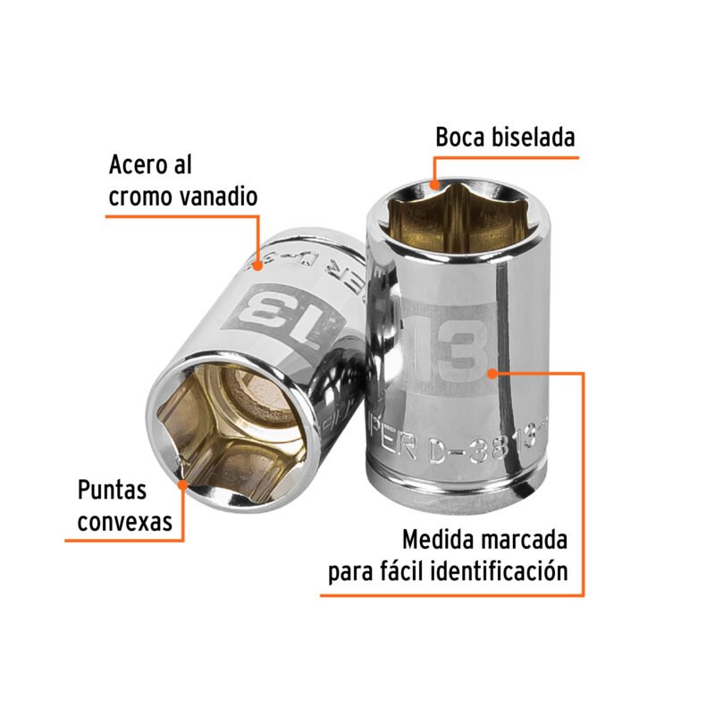 D-3813-HMFC1.jpg Código: 13677 Dado de 13 mm, 6 puntas, cuadro 3/8', Truper D-3813-HM