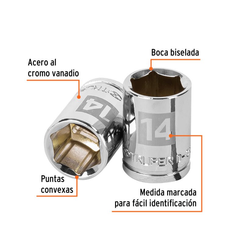 D-3814-HMFC1.jpg Código: 13678 Dado de 14 mm, 6 puntas, cuadro 3/8', Truper D-3814-HM