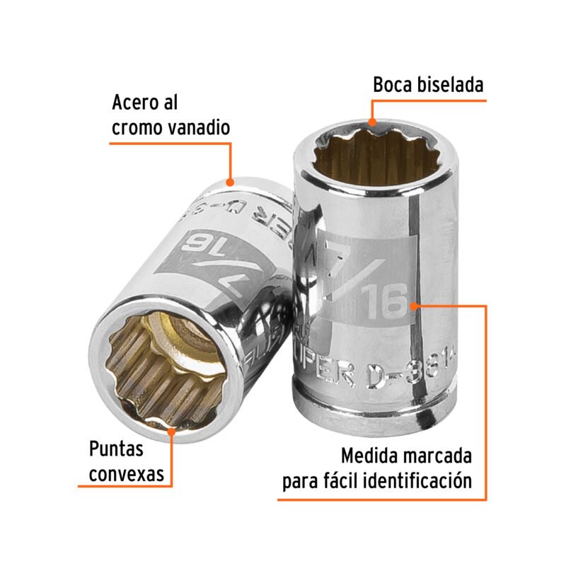D-3814FC1.jpg Código: 13583 Dado de 7/16', 12 puntas, cuadro 3/8', Truper D-3814