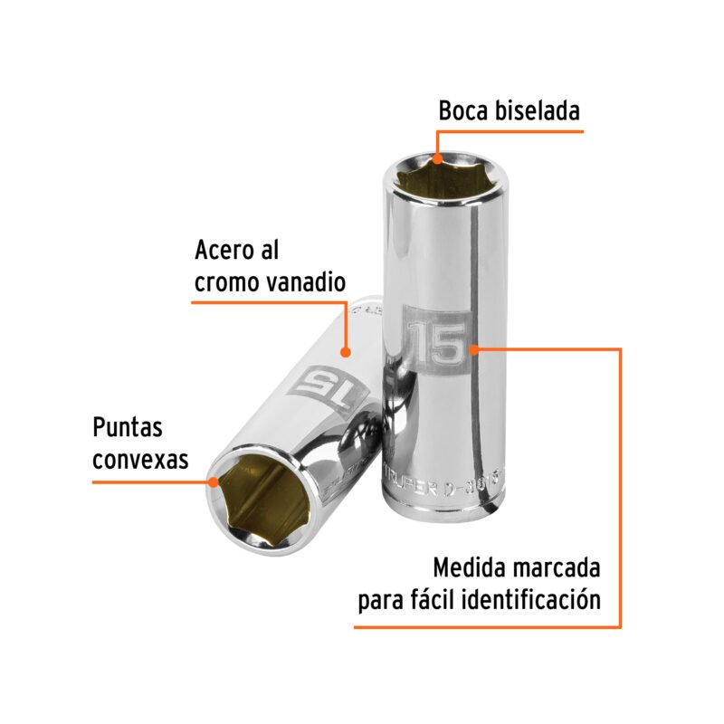 D-3815-HM-LFC1.jpg Código: 13775 Dado largo de 15 mm, 6 puntas, cuadro 3/8', Truper D-3815-HM-L