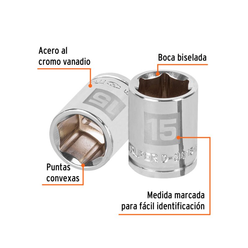 D-3815-HMFC1.jpg Código: 13679 Dado de 15 mm, 6 puntas, cuadro 3/8', Truper D-3815-HM