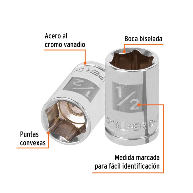 D-3816-HFC1.jpg Código: 13609 Dado de 1/2', 6 puntas, cuadro 3/8', Truper D-3816-H