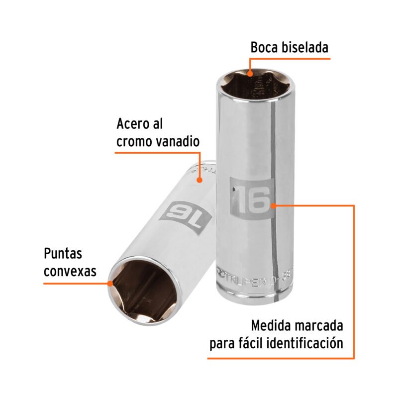 D-3816-HM-LFC1.jpg Código: 13776 Dado largo de 16 mm, 6 puntas, cuadro 3/8', Truper D-3816-HM-L