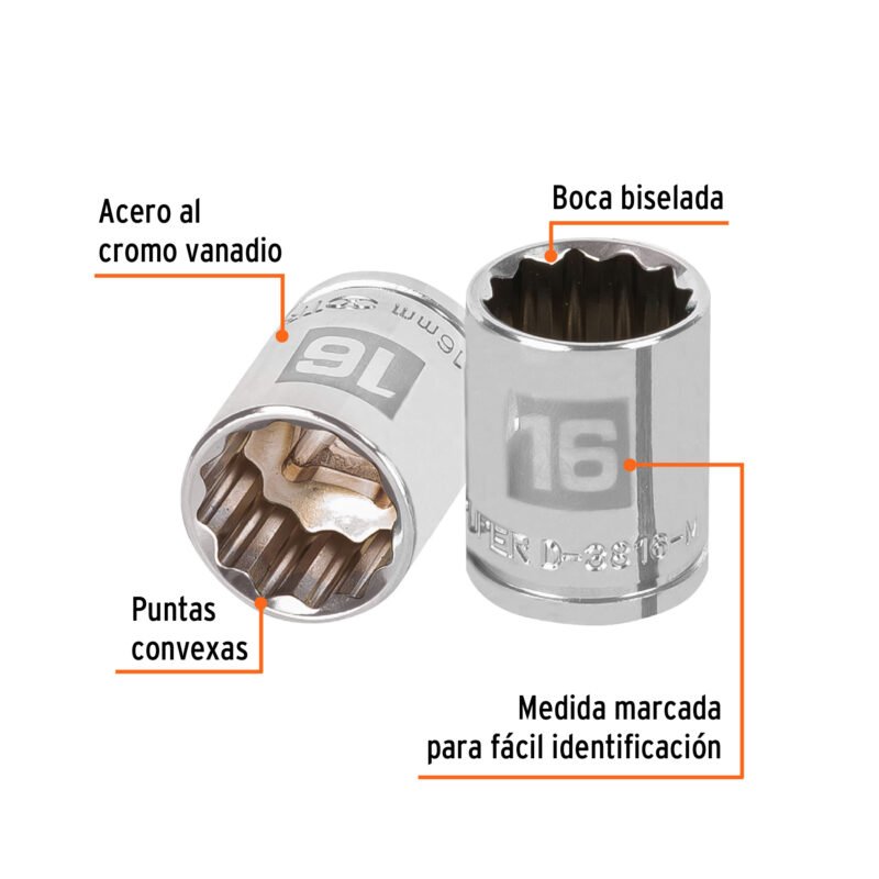 D-3816-MFC1.jpg Código: 13636 Dado de 16 mm, 12 puntas, cuadro 3/8', Truper D-3816-M