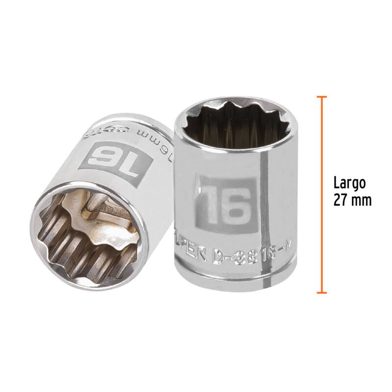 D-3816-MFC2.jpg Código: 13636 Dado de 16 mm, 12 puntas, cuadro 3/8', Truper D-3816-M