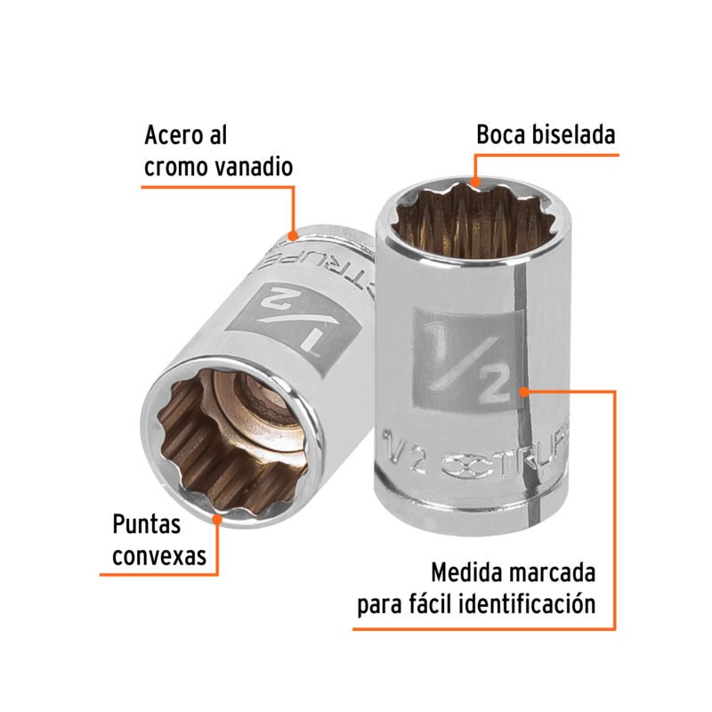 D-3816FC1.jpg Código: 13584 Dado de 1/2', 12 puntas, cuadro 3/8', Truper D-3816