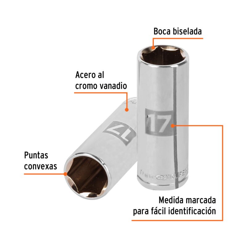 D-3817-HM-LFC1.jpg Código: 13777 Dado largo de 17 mm, 6 puntas, cuadro 3/8', Truper D-3817-HM-L