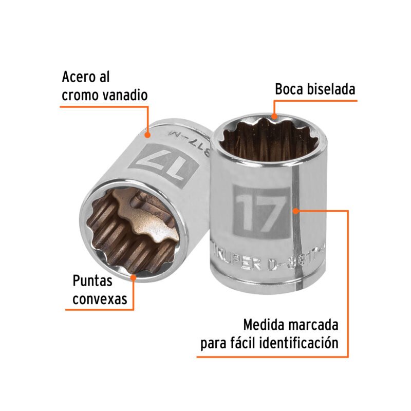Código: 13637 Dado de 17 mm, 12 puntas, cuadro 3/8', Truper D-3817-M