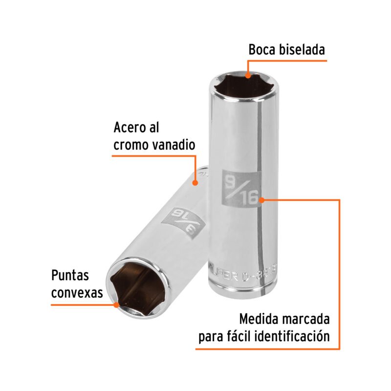 D-3818-HLFC1.jpg Código: 13715 Dado largo de 9/16', 6 puntas, cuadro 3/8', Truper D-3818-HL
