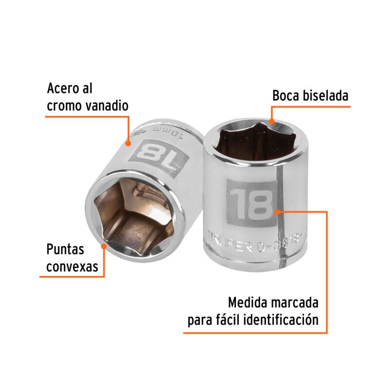 D-3818-HMFC1.jpg Código: 13682 Dado de 18 mm, 6 puntas, cuadro 3/8', Truper D-3818-HM