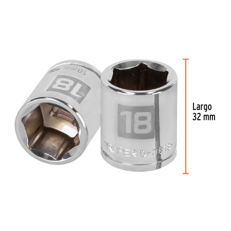 D-3818-HMFC2.jpg Código: 13682 Dado de 18 mm, 6 puntas, cuadro 3/8', Truper D-3818-HM
