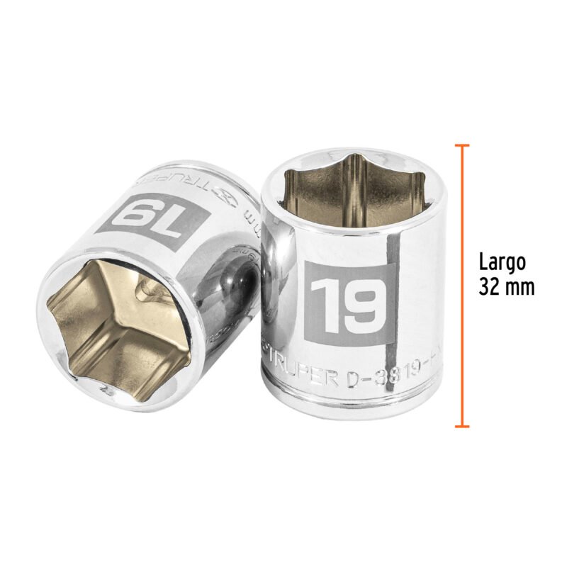 D-3819-HMFC2.jpg Código: 13683 Dado de 19 mm, 6 puntas, cuadro 3/8', Truper D-3819-HM