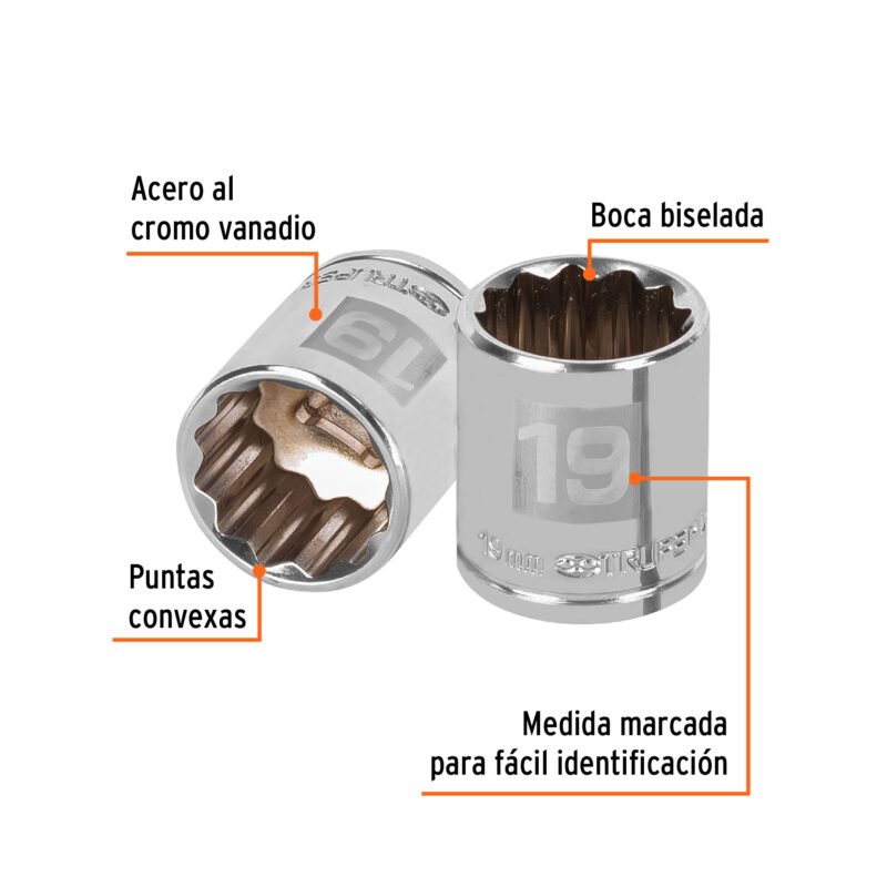 Código: 13639 Dado de 19 mm, 12 puntas, cuadro 3/8', Truper D-3819-M