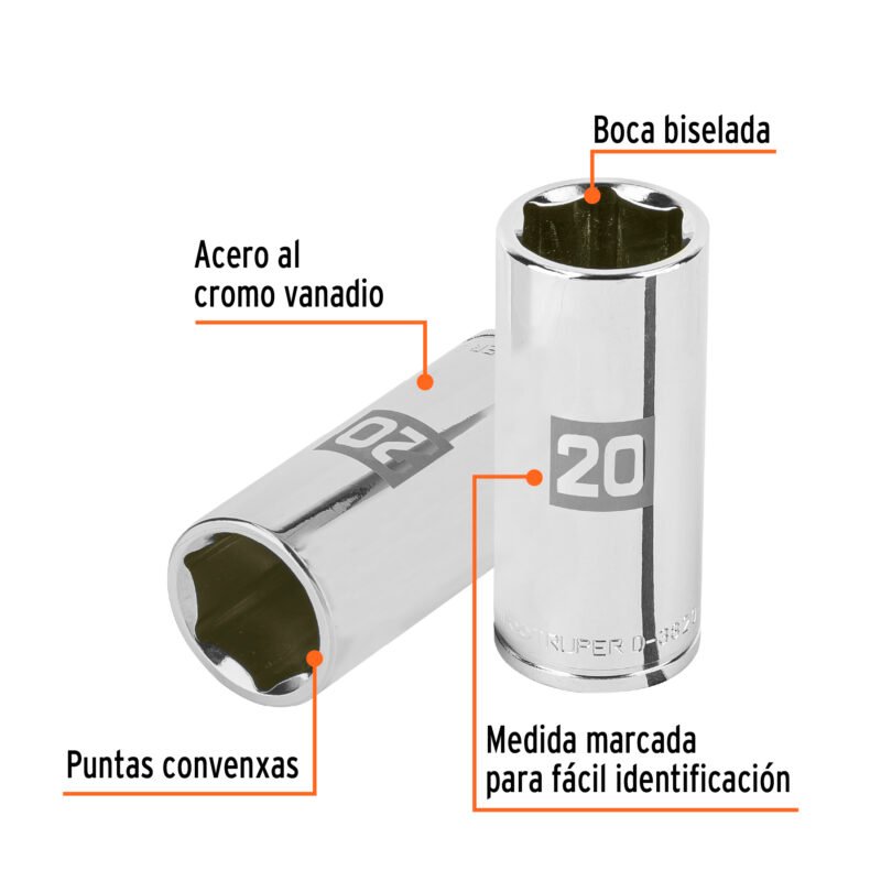 D-3820-HM-LFC1.jpg Código: 100995 Dado largo de 20 mm, 6 puntas, cuadro 3/8', Truper D-3820-HM-L
