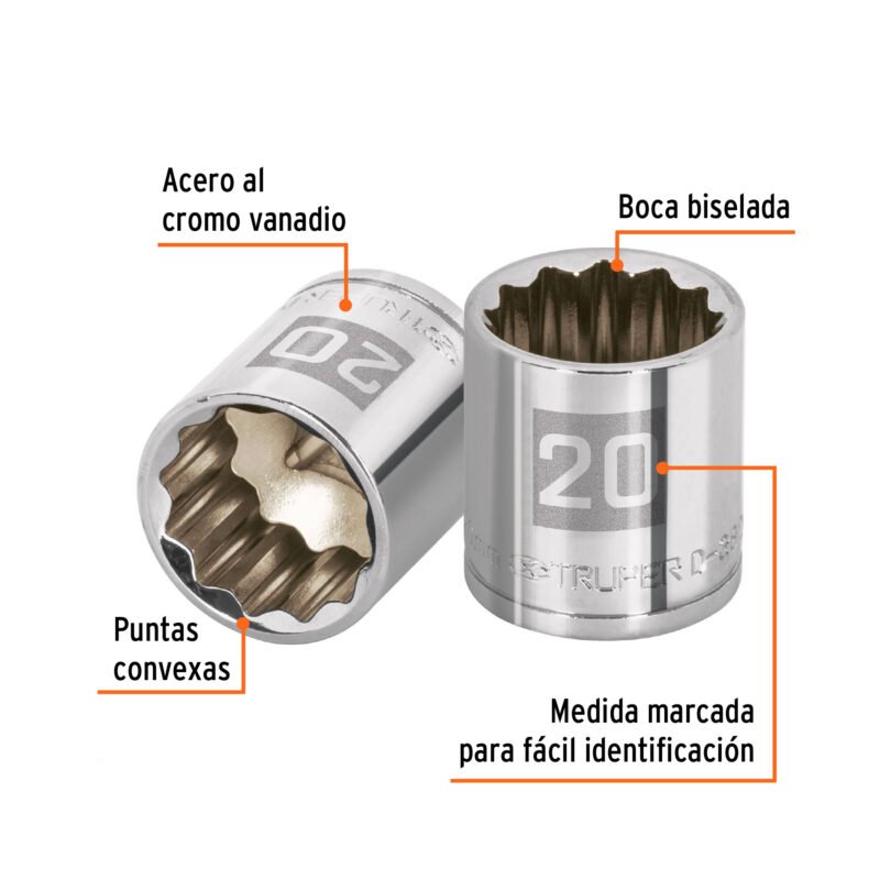 D-3820-MFC1.jpg Código: 13640 Dado de 20 mm, 12 puntas, cuadro 3/8', Truper D-3820-M