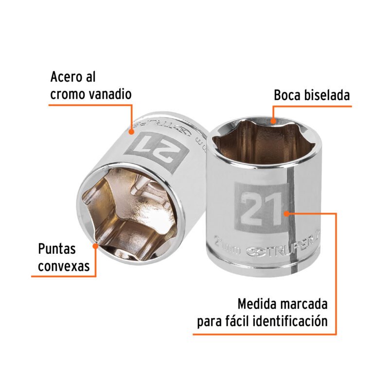 D-3821-HMFC1.jpg Código: 13685 Dado de 21 mm, 6 puntas, cuadro 3/8', Truper D-3821-HM