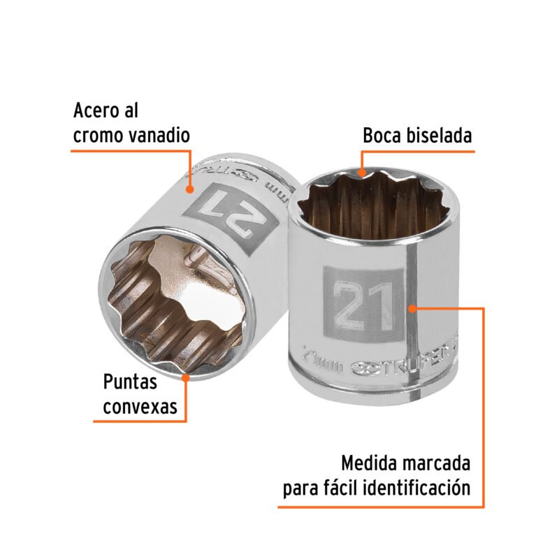 Código: 13641 Dado de 21 mm, 12 puntas, cuadro 3/8', Truper D-3821-M