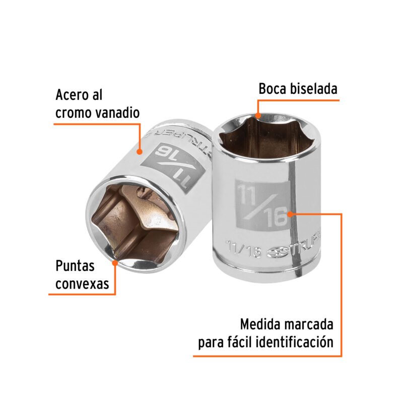 D-3822-HFC1.jpg Código: 13612 Dado de 11/16', 6 puntas, cuadro 3/8', Truper D-3822-H
