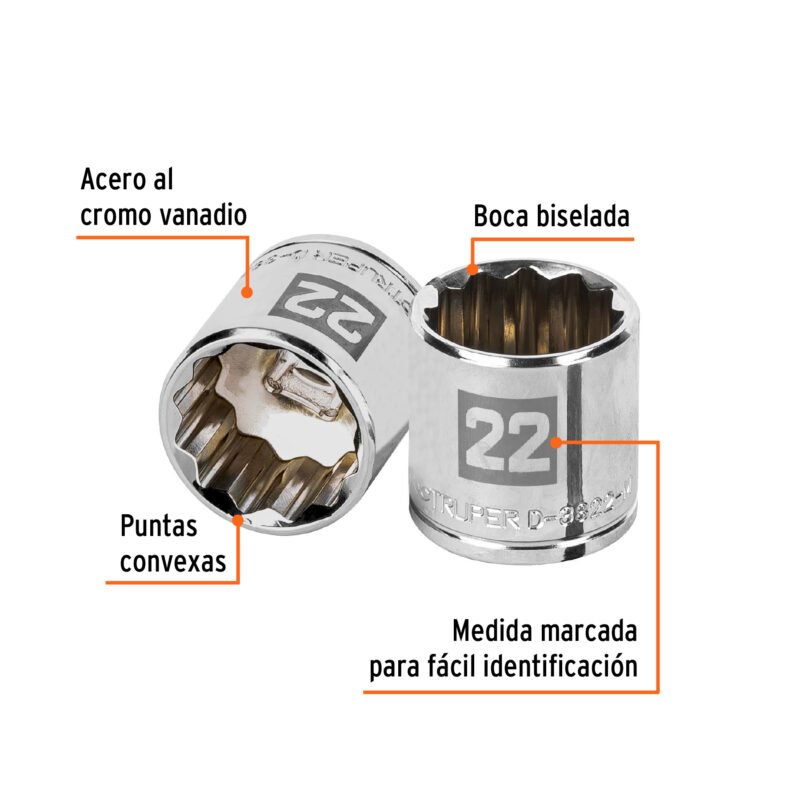 D-3822-MFC1.jpg Código: 13642 Dado de 22 mm, 12 puntas, cuadro 3/8', Truper D-3822-M