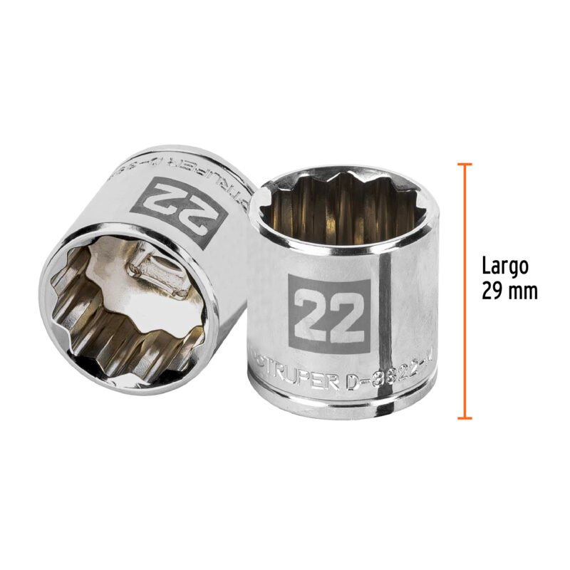 D-3822-MFC2.jpg Código: 13642 Dado de 22 mm, 12 puntas, cuadro 3/8', Truper D-3822-M