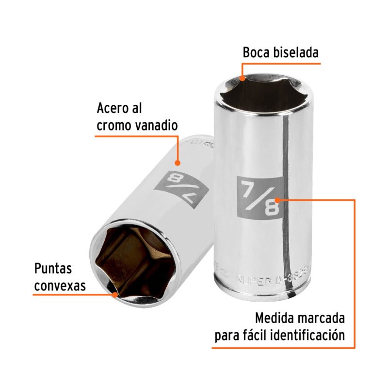 D-3828-HLFC1.jpg Código: 13720 Dado largo de 7/8', 6 puntas, cuadro 3/8', Truper D-3828-HL