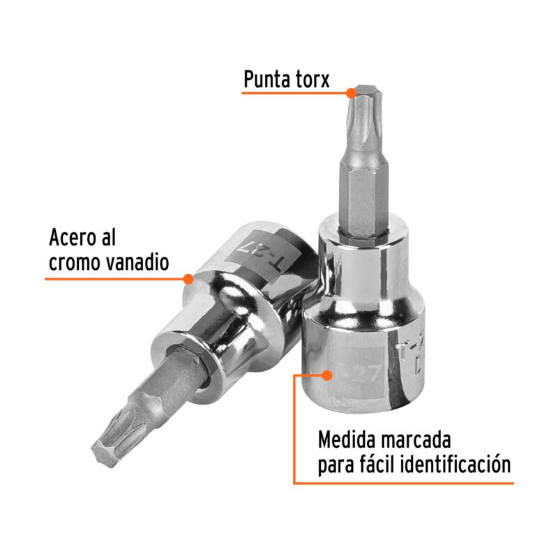 Código: 13572 Dado punta torx T-27, cuadro 3/8', Truper D-523927-W