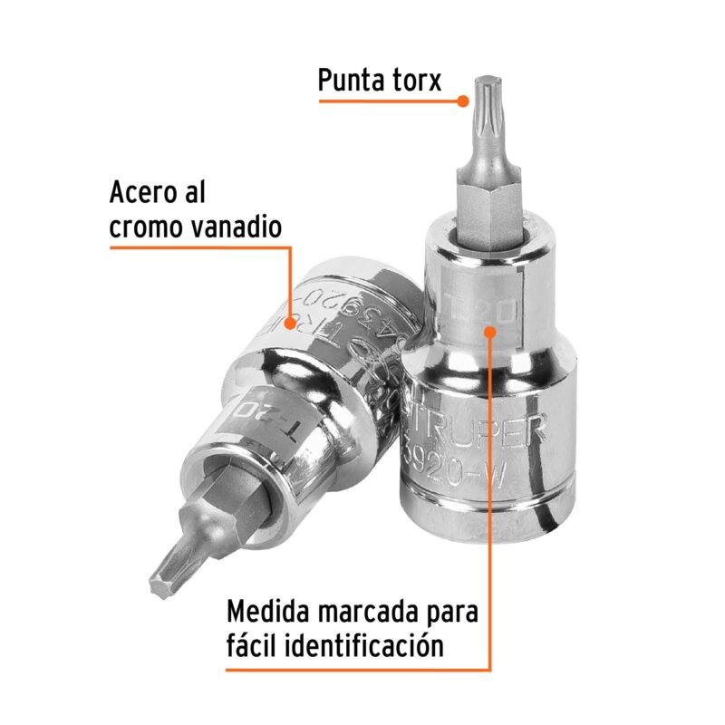 Código: 13434 Dado punta torx T-20, cuadro 1/2', Truper D-543920-W