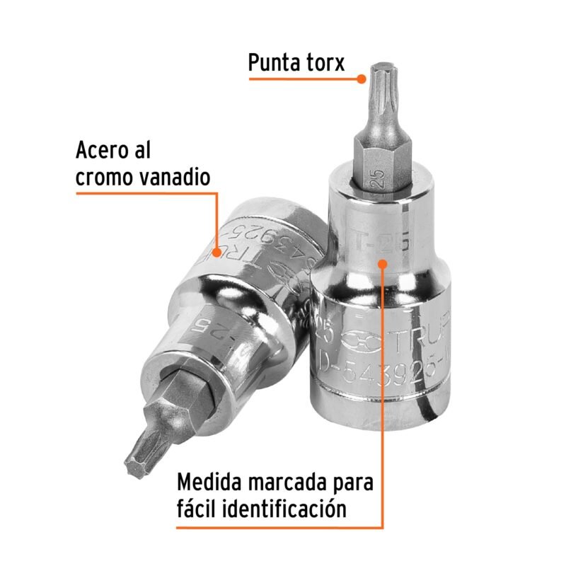 D-543925-WFC1.jpg Código: 13435 Dado punta torx T-25, cuadro 1/2', Truper D-543925-W