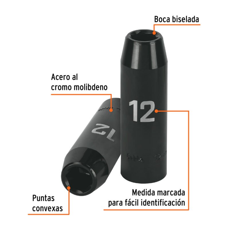Código: 12424 Dado largo cuadro 1/2' de impacto 6 puntas de 12 mm, Truper D-7312-ML