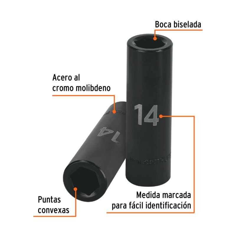 Código: 12426 Dado largo cuadro 1/2' de impacto 6 puntas de 14 mm, Truper D-7314-ML