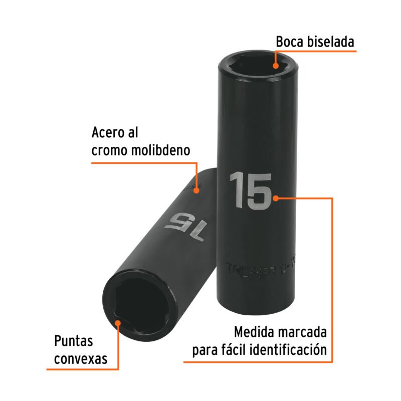 D-7315-MLFC1.jpg Código: 12427 Dado largo cuadro 1/2' de impacto 6 puntas de 15 mm, Truper D-7315-ML