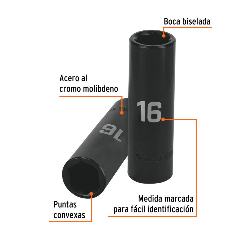 Código: 12428 Dado largo cuadro 1/2' de impacto 6 puntas de 16 mm, Truper D-7316-ML