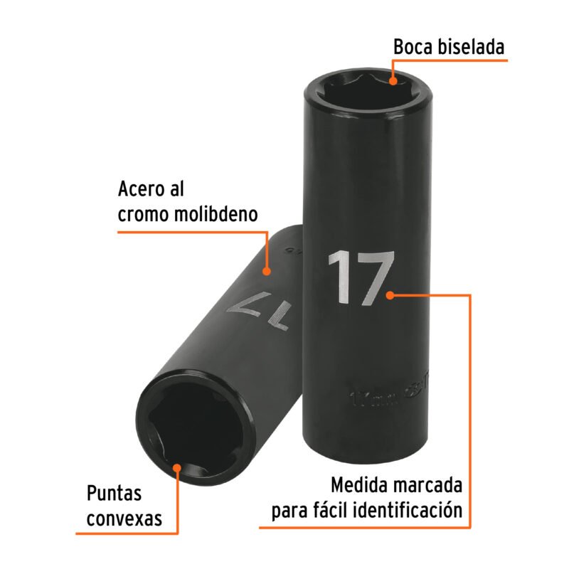 Código: 12429 Dado largo cuadro 1/2' de impacto 6 puntas de 17 mm, Truper D-7317-ML