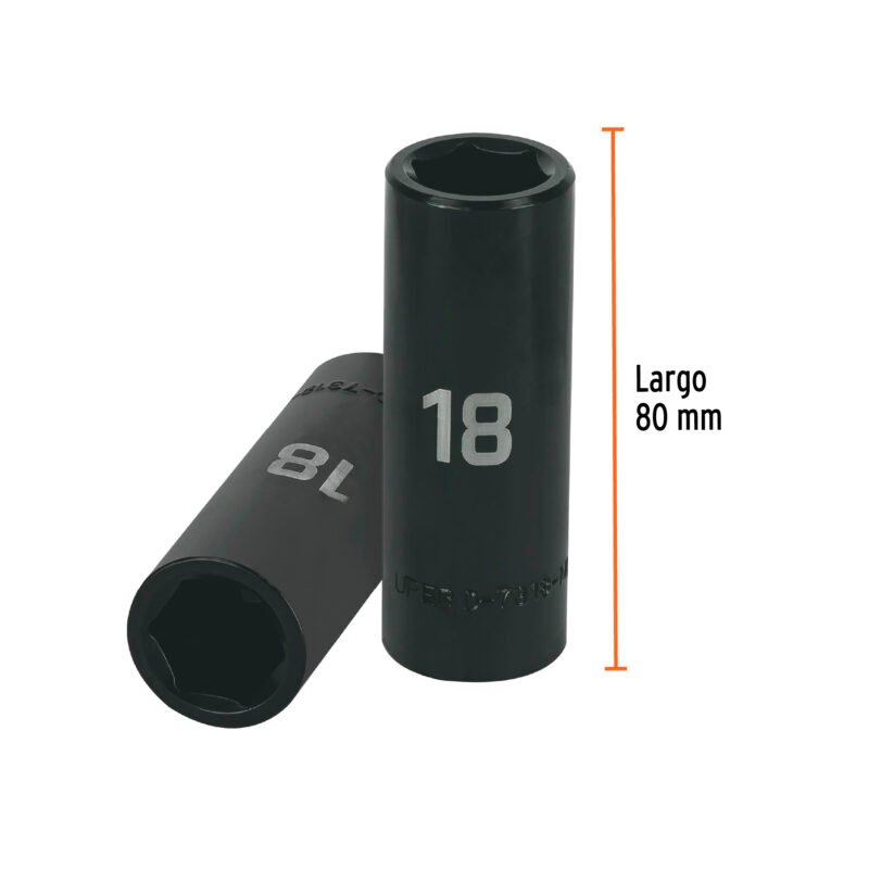 Código: 12430 Dado largo cuadro 1/2' de impacto 6 puntas de 18 mm, Truper D-7318-ML