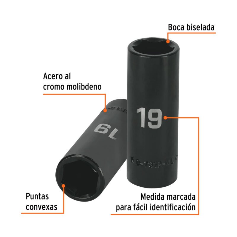 Código: 12431 Dado largo cuadro 1/2' de impacto 6 puntas de 19 mm, Truper D-7319-ML