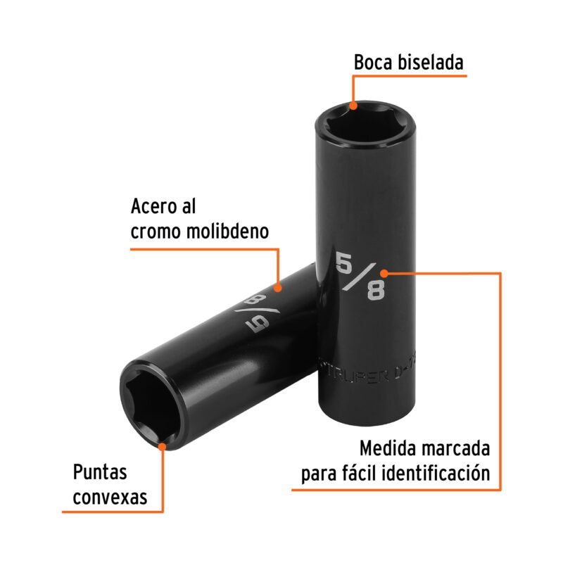 D-7320-HLFC1.jpg Código: 13390 Dado largo impacto de 5/8', 6 puntas, cuadro 1/2', Truper D-7320-HL