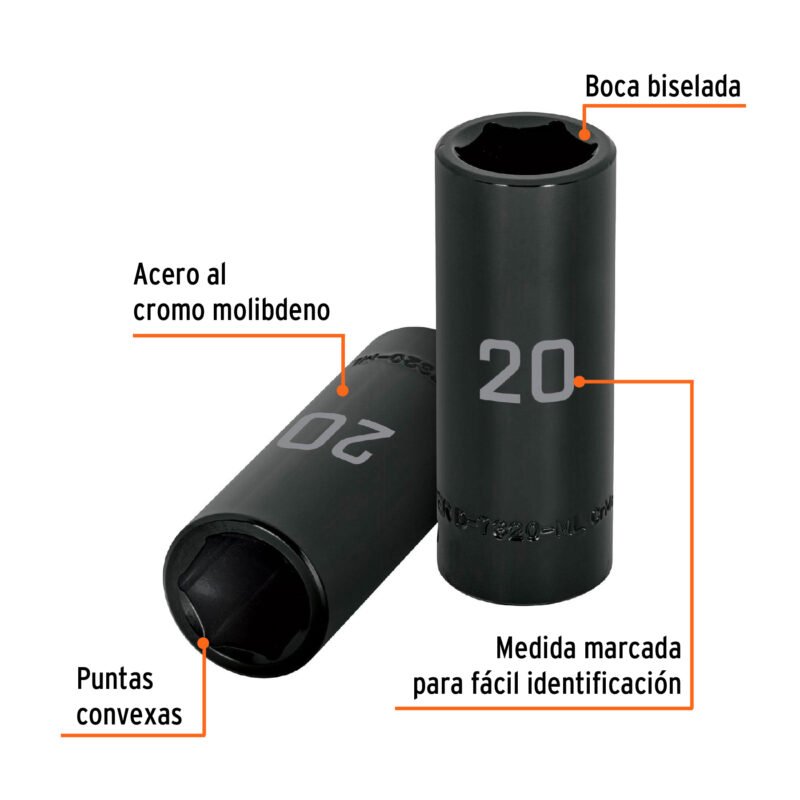 Código: 12432 Dado largo cuadro 1/2' de impacto 6 puntas de 20 mm, Truper D-7320-ML