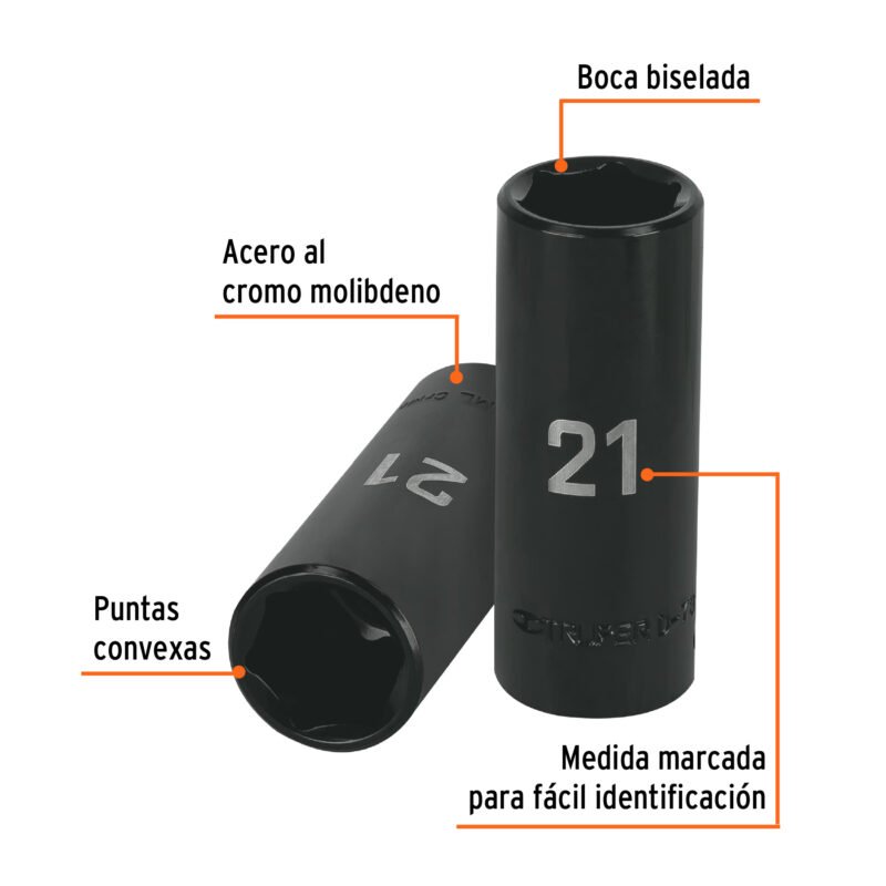 Código: 12433 Dado largo cuadro 1/2' de impacto 6 puntas de 21 mm, Truper D-7321-ML